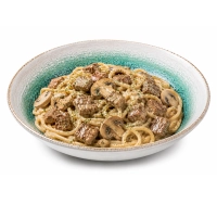 Onze pasta eetpunt bestaat uit stukjes ossenhaas met champignons, en tikje roomsaus.