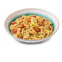 Onze pasta pollo limone bestaat uit kipfilet met cherry tomaten en peterselie in cintroensaus. 