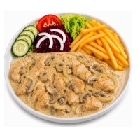 Onze heerlijke kipfilet room schotel wordt gebakken met ui en champignons in roomsaus.