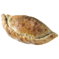 Gevulde pizza met tomatensaus, kaas, doner, paprika, champignons en ui.